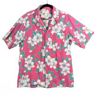 Vintage 90s Pink Floral Hawaiian shirt Tropical Tiki Hibiscus Vacation Waikiki